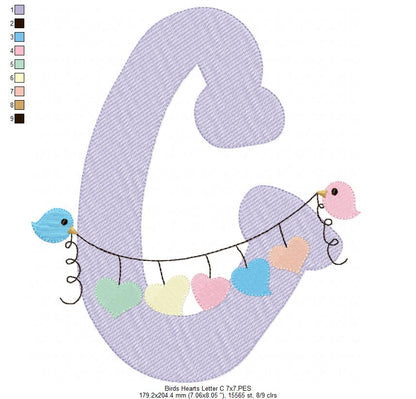 Monogram C Letter C Birds and Hearts - Rippled Stitch Embroidery