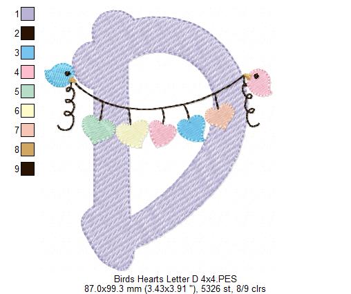 Monogram D Letter D Birds and Hearts - Rippled Stitch Embroidery