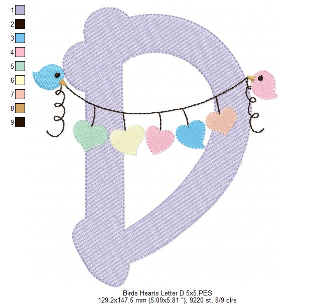 Monogram D Letter D Birds and Hearts - Rippled Stitch Embroidery