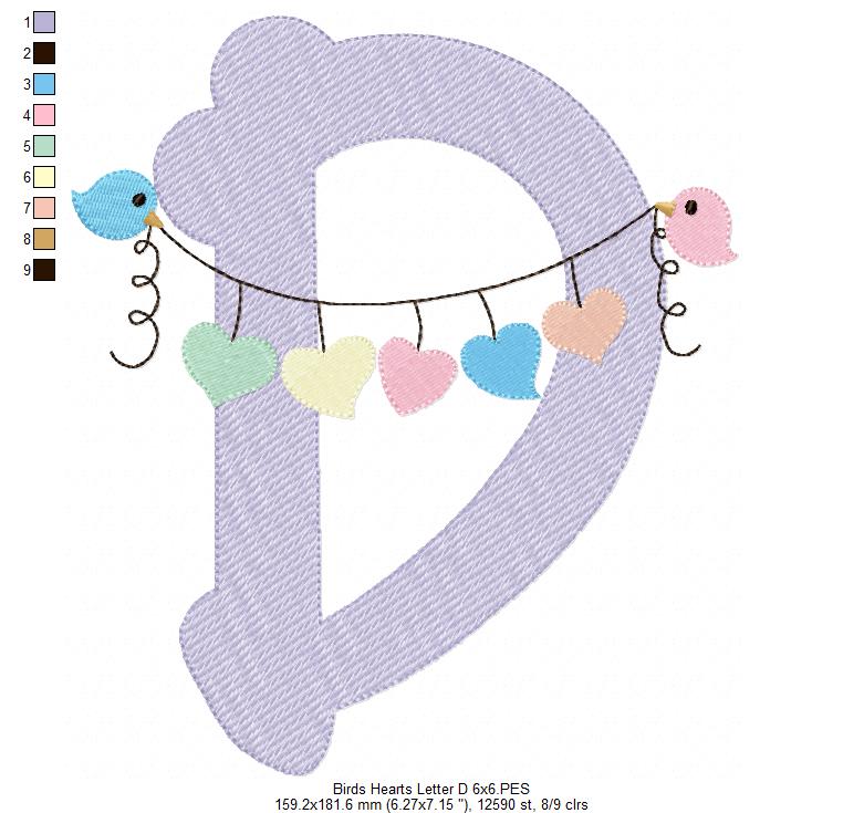 Monogram D Letter D Birds and Hearts - Rippled Stitch Embroidery