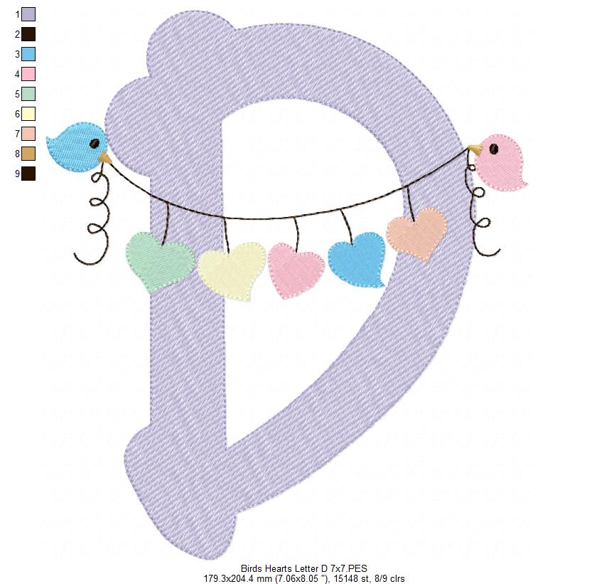 Monogram D Letter D Birds and Hearts - Rippled Stitch Embroidery
