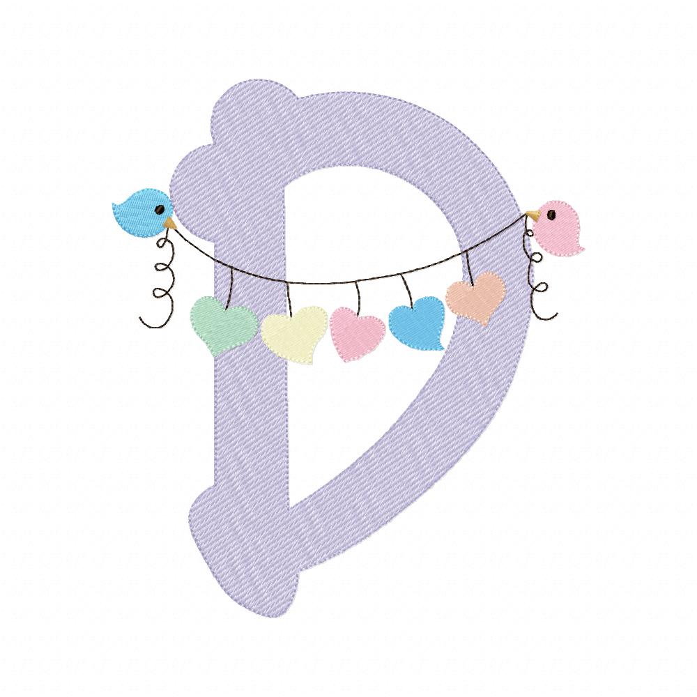 Monogram D Letter D Birds and Hearts - Rippled Stitch Embroidery