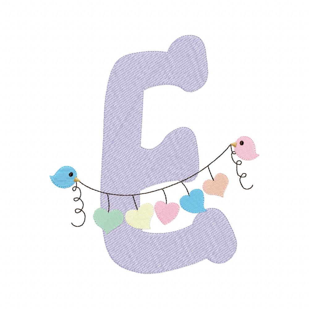 Monogram E Letter E Birds and Hearts - Rippled Stitch Embroidery