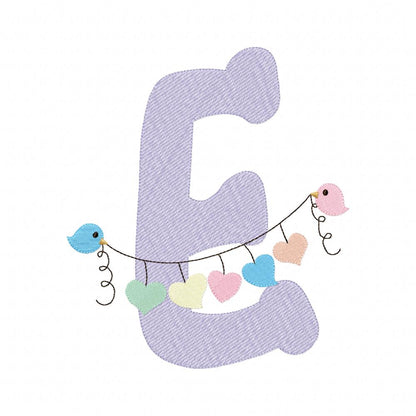 Monogram E Letter E Birds and Hearts - Rippled Stitch Embroidery