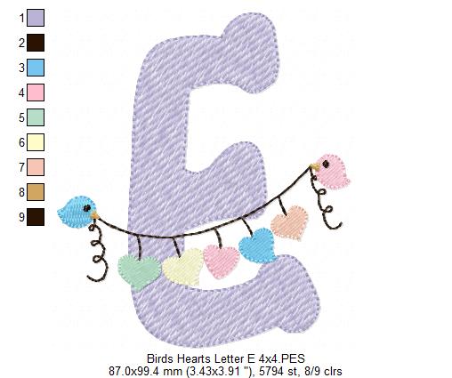Monogram E Letter E Birds and Hearts - Rippled Stitch Embroidery