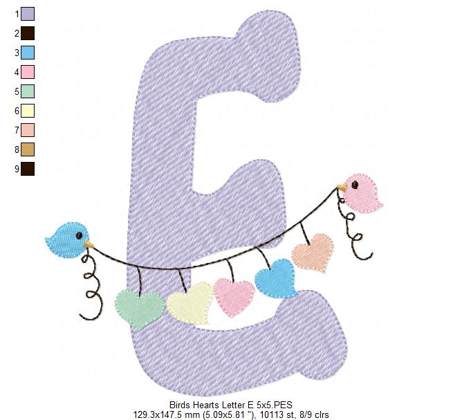 Monogram E Letter E Birds and Hearts - Rippled Stitch Embroidery