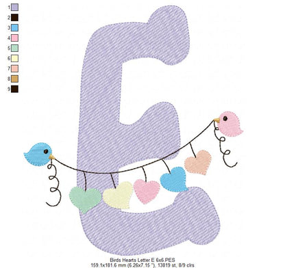 Monogram E Letter E Birds and Hearts - Rippled Stitch Embroidery