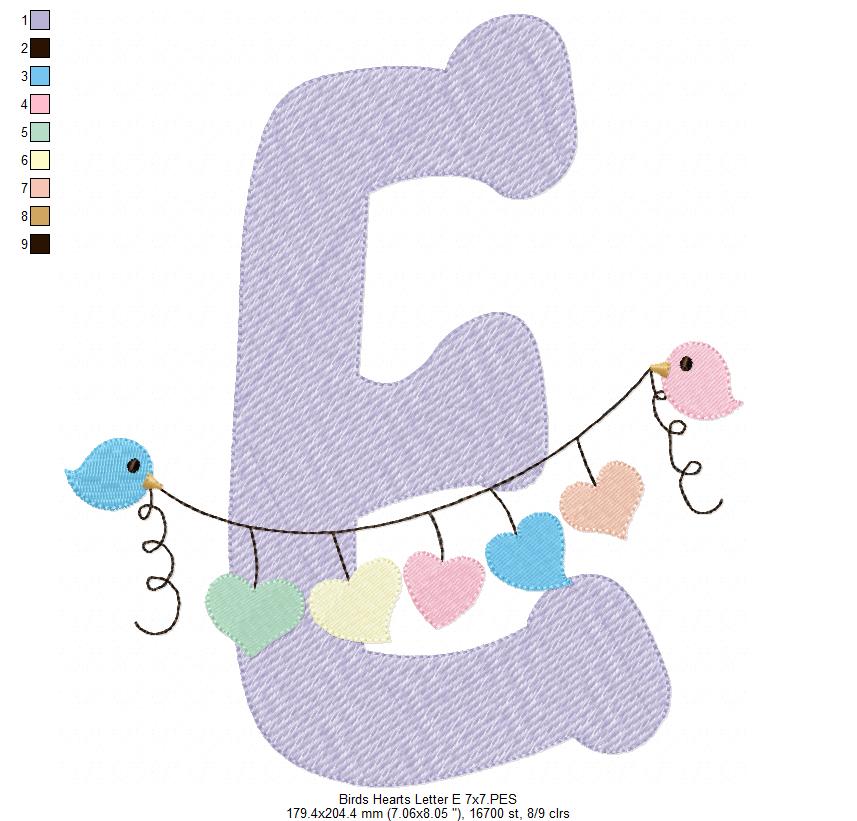 Monogram E Letter E Birds and Hearts - Rippled Stitch Embroidery