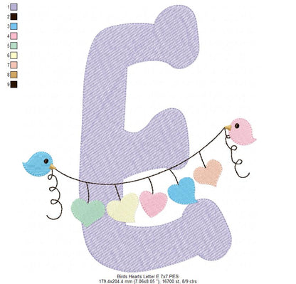 Monogram E Letter E Birds and Hearts - Rippled Stitch Embroidery