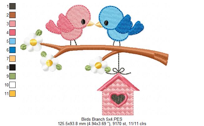 💕 Lovebird Perch Delight 🐦 – Applique – Machine Embroidery Design