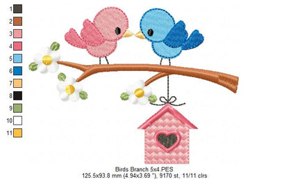 💕 Lovebird Perch Delight 🐦 – Applique – Machine Embroidery Design