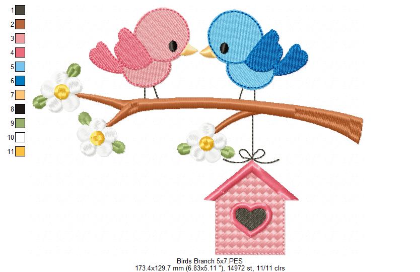 💕 Lovebird Perch Delight 🐦 – Applique – Machine Embroidery Design