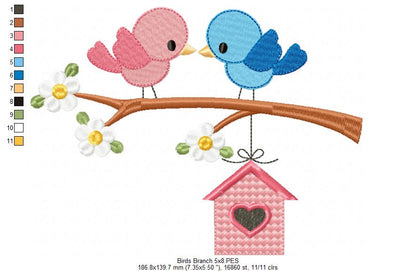 💕 Lovebird Perch Delight 🐦 – Applique – Machine Embroidery Design