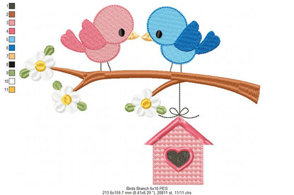 💕 Lovebird Perch Delight 🐦 – Applique – Machine Embroidery Design