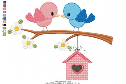 💕 Lovebird Perch Delight 🐦 – Applique – Machine Embroidery Design