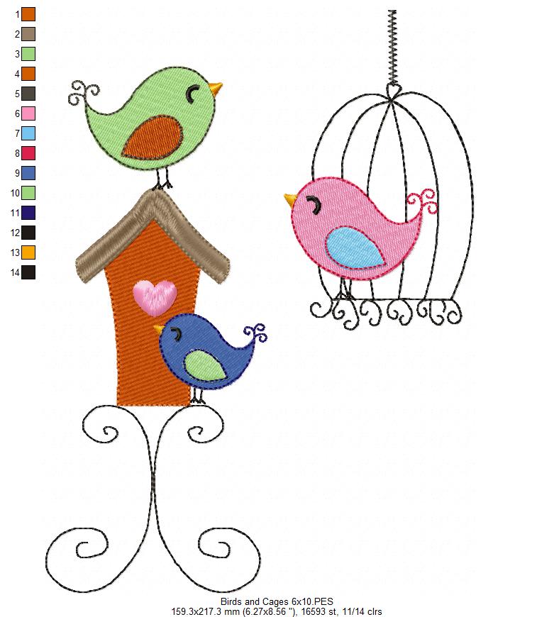 Birds and Bird Cage - Fill Stitch