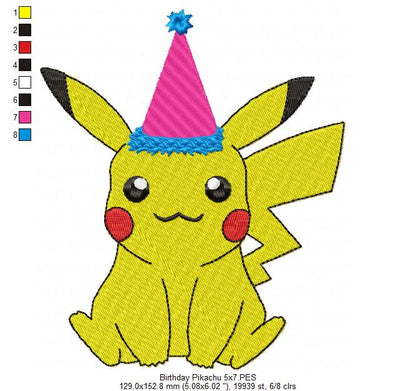 Birthday Pikachu - Fill Stitch Embroidery