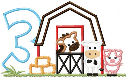 Barn 3rd Birthday Farm Animals Number 3 Three  - Applique - Machine Embroidery Design