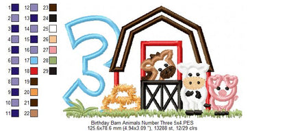 Barn 3rd Birthday Farm Animals Number 3 Three  - Applique - Machine Embroidery Design