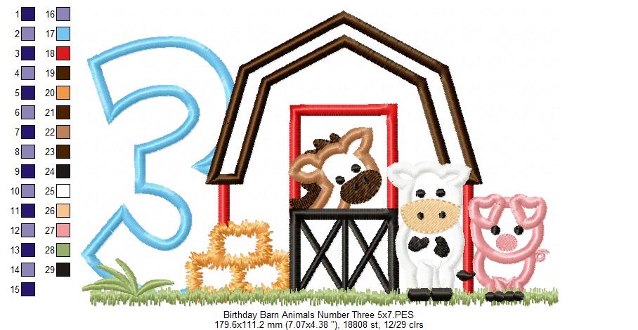 Barn 3rd Birthday Farm Animals Number 3 Three  - Applique - Machine Embroidery Design