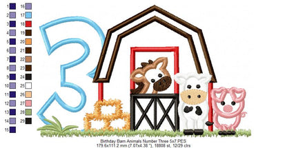 Barn 3rd Birthday Farm Animals Number 3 Three  - Applique - Machine Embroidery Design