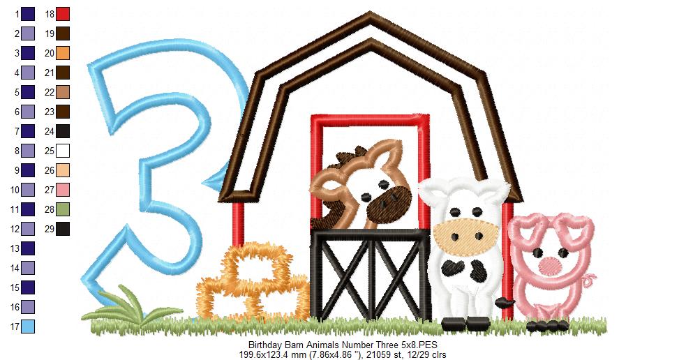 Barn 3rd Birthday Farm Animals Number 3 Three  - Applique - Machine Embroidery Design