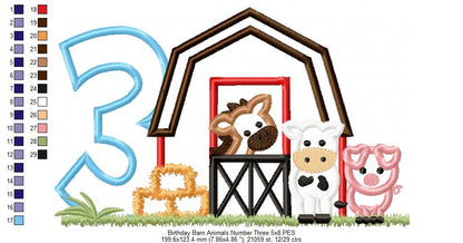 Barn 3rd Birthday Farm Animals Number 3 Three  - Applique - Machine Embroidery Design