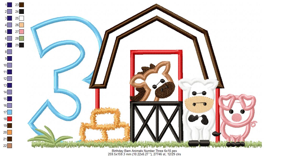 Barn 3rd Birthday Farm Animals Number 3 Three  - Applique - Machine Embroidery Design