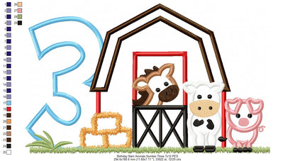 Barn 3rd Birthday Farm Animals Number 3 Three  - Applique - Machine Embroidery Design