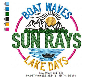 Boat Waves Sun Rays Lake Days - Fill Stitch - Machine Embroidery Design