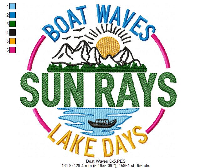 Boat Waves Sun Rays Lake Days - Fill Stitch - Machine Embroidery Design