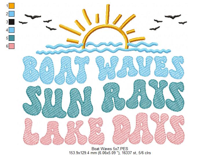 Boat Waves Sun Rays Lake Days - Fill Stitch - Machine Embroidery Design