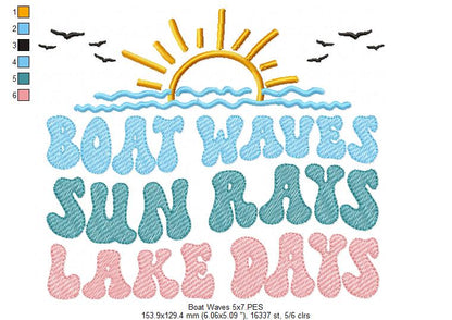 Boat Waves Sun Rays Lake Days - Fill Stitch - Machine Embroidery Design