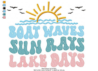 Boat Waves Sun Rays Lake Days - Fill Stitch - Machine Embroidery Design