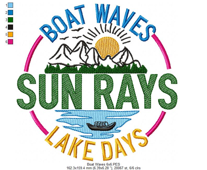 Boat Waves Sun Rays Lake Days - Fill Stitch - Machine Embroidery Design