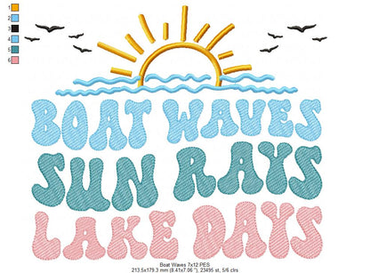 Boat Waves Sun Rays Lake Days - Fill Stitch - Machine Embroidery Design