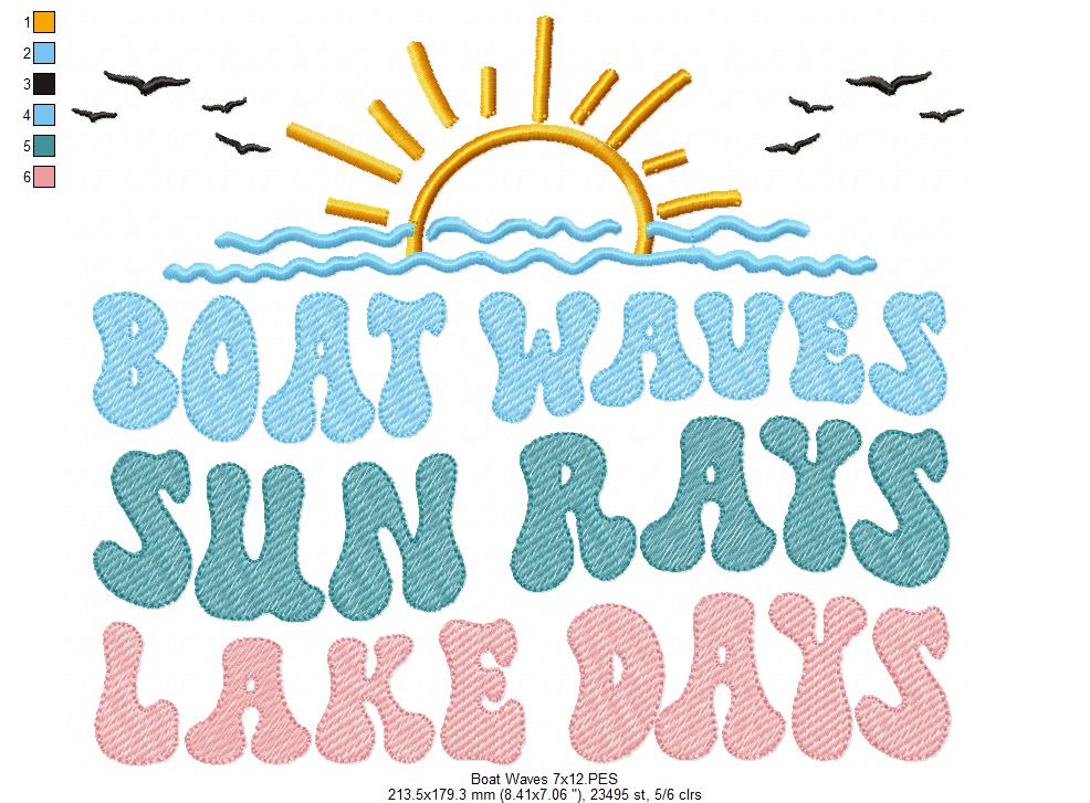 Boat Waves Sun Rays Lake Days - Fill Stitch - Machine Embroidery Design