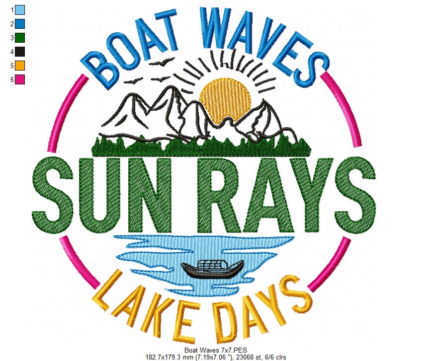 Boat Waves Sun Rays Lake Days - Fill Stitch - Machine Embroidery Design