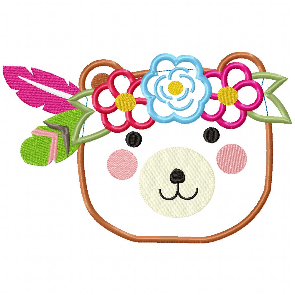 Boho Bear Face with Flowers - Applique - Machine Embroidery Design