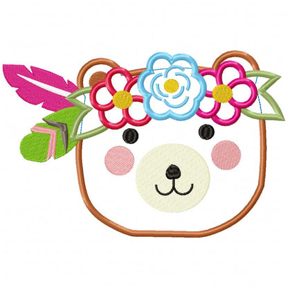 Boho Bear Face with Flowers - Applique - Machine Embroidery Design