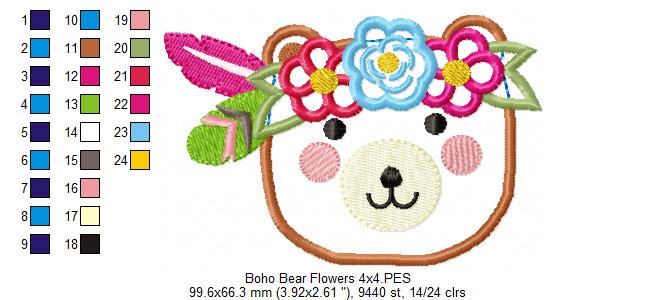 Boho Bear Face with Flowers - Applique - Machine Embroidery Design