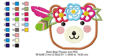 Boho Bear Face with Flowers - Applique - Machine Embroidery Design