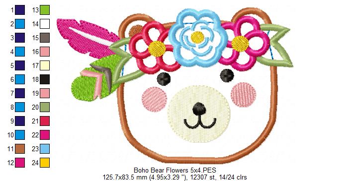 Boho Bear Face with Flowers - Applique - Machine Embroidery Design