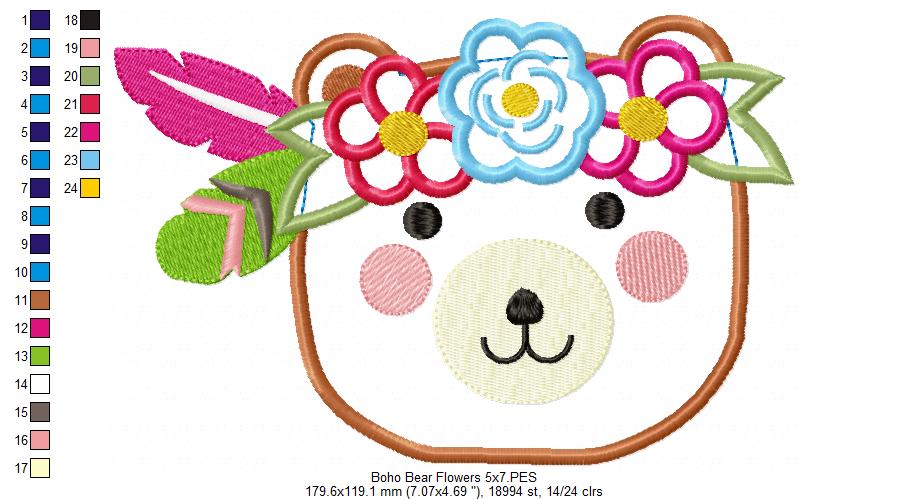 Boho Bear Face with Flowers - Applique - Machine Embroidery Design