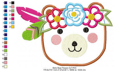 Boho Bear Face with Flowers - Applique - Machine Embroidery Design