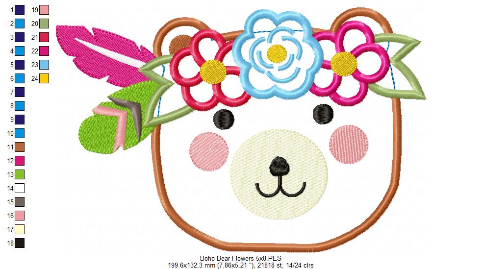 Boho Bear Face with Flowers - Applique - Machine Embroidery Design