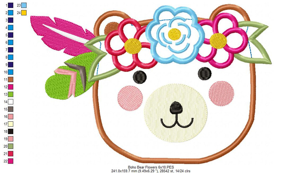 Boho Bear Face with Flowers - Applique - Machine Embroidery Design