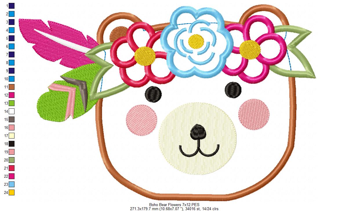 Boho Bear Face with Flowers - Applique - Machine Embroidery Design