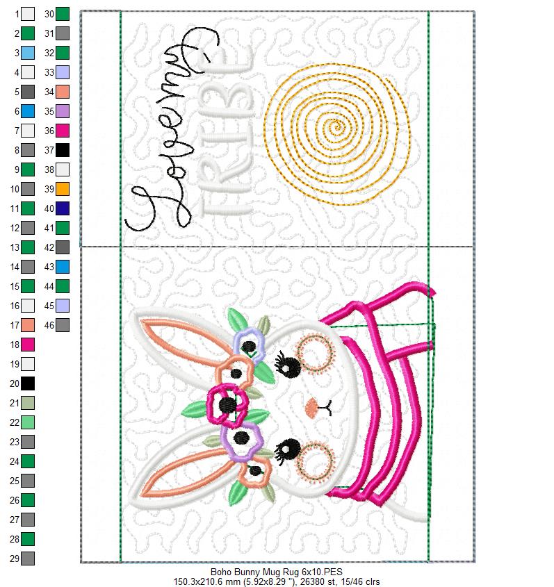 Boho Bunny Mug Rug - ITH Project - Machine Embroidery Design