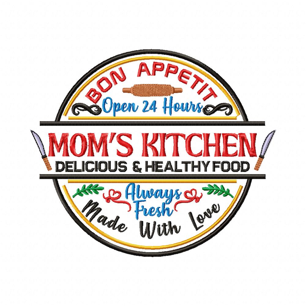 Bon Appetit Mom's Kitchen Round Sign - Fill Stitch - Machine Embroidery Design